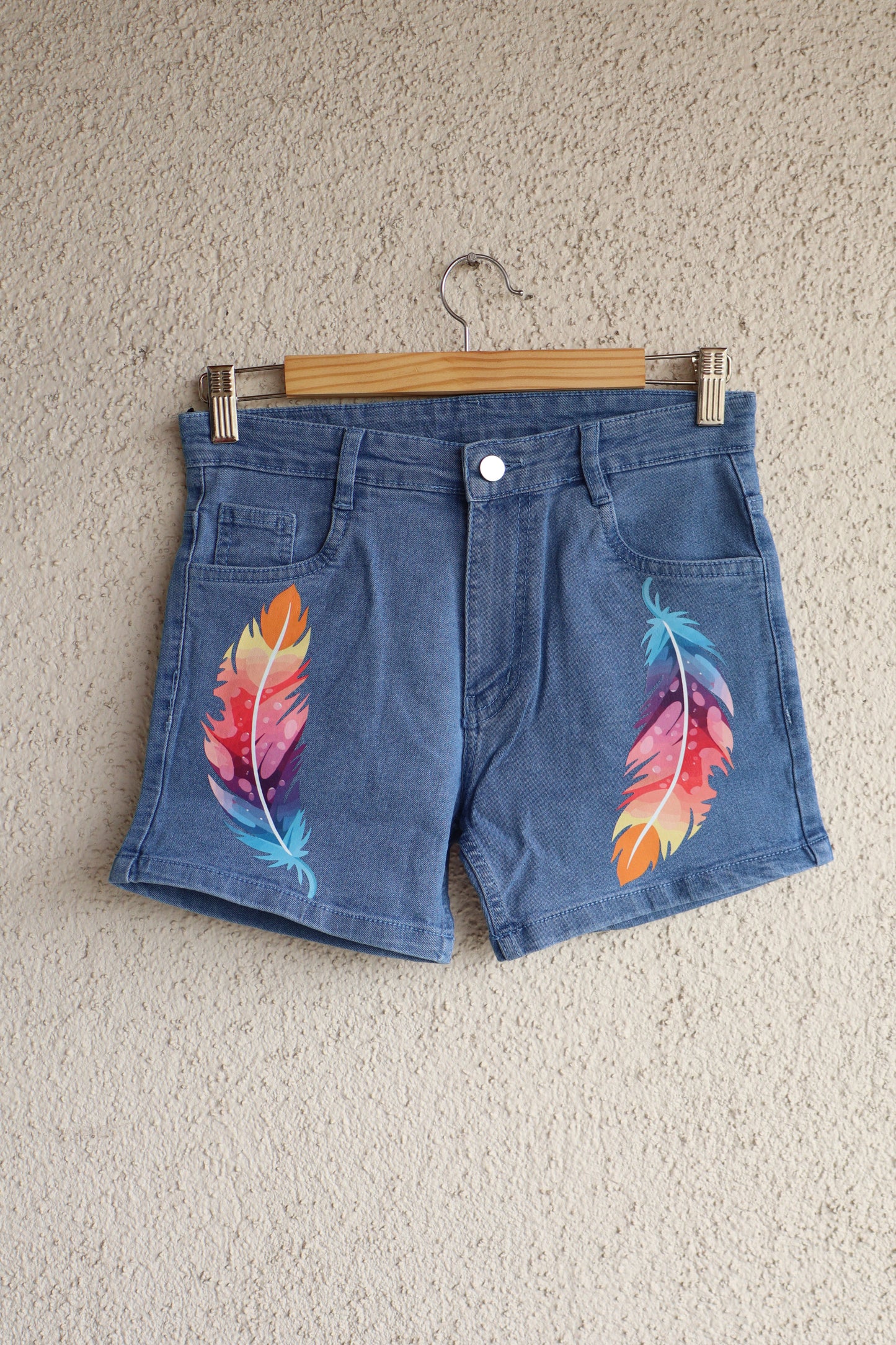 Multicolor Feather Denim Shorts
