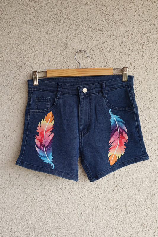 Multicolor Feather Denim Shorts
