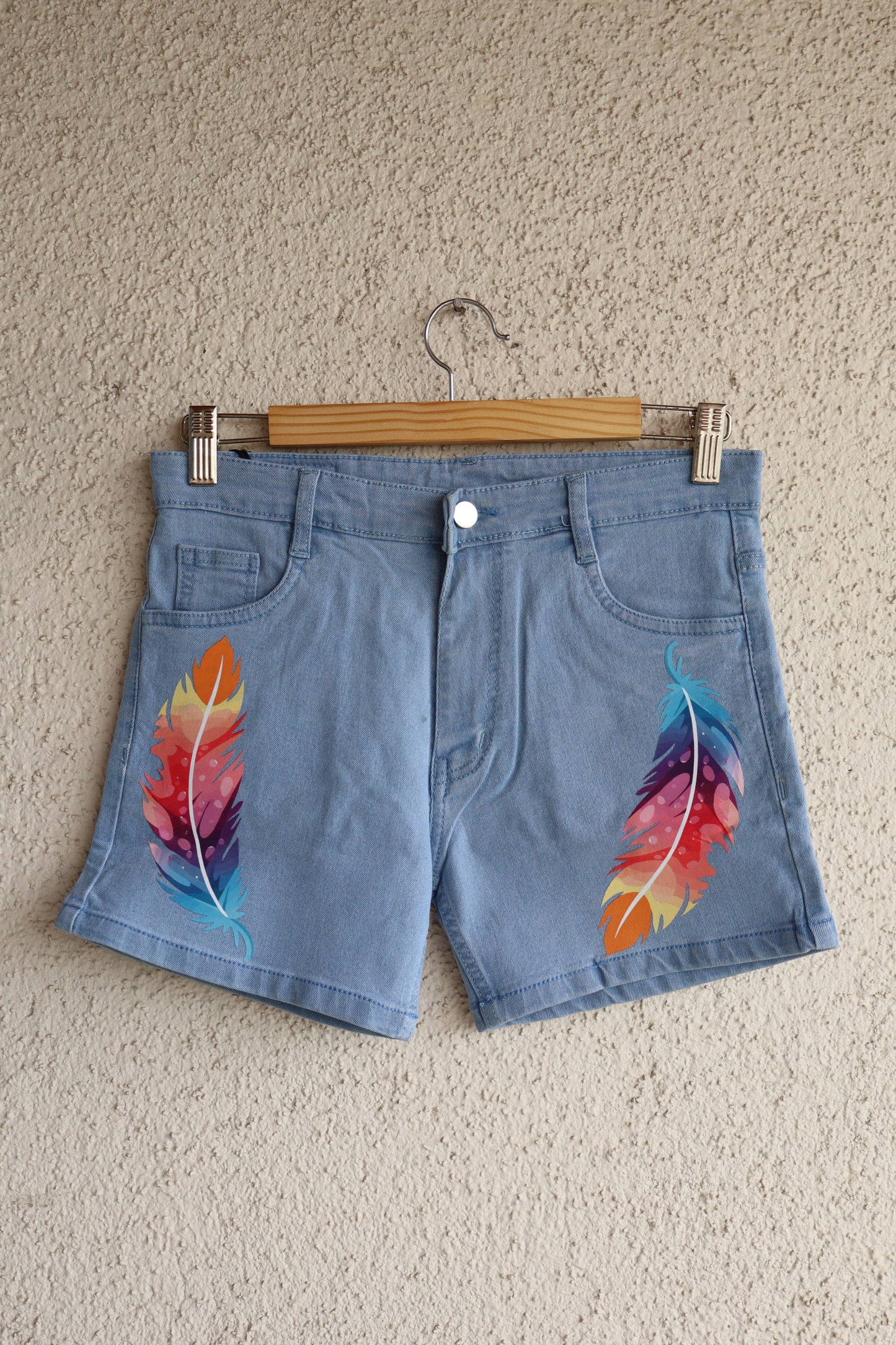 Multicolor Feather Denim Shorts