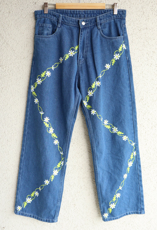 Trendy Flower Vine Wide Leg Jeans