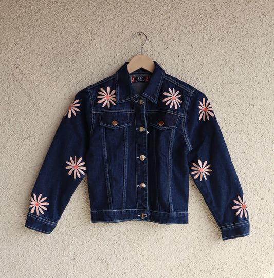 Floral Charm Dark Wash Denim Jacket