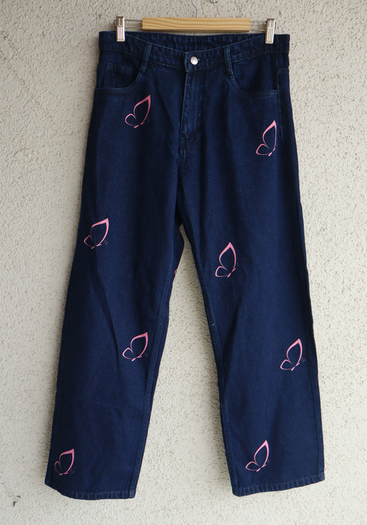 Trendy Pink Butterfly Wide Leg Jeans
