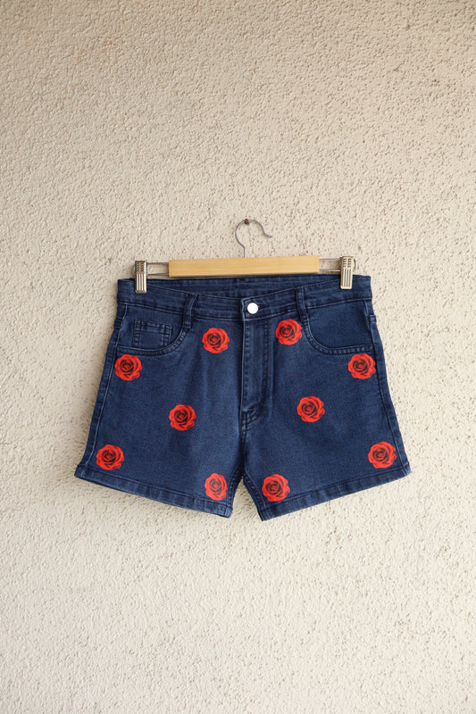 Rose Bloom Printed Denim Shorts